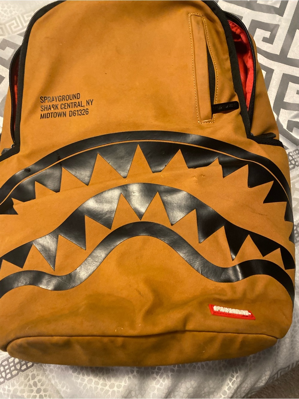 Sprayground Tan Suede Shark-Graphic Backpack with Black Accents